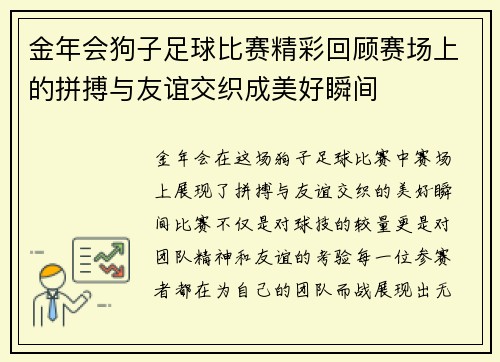 金年会狗子足球比赛精彩回顾赛场上的拼搏与友谊交织成美好瞬间